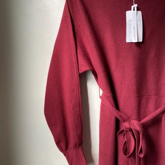 🎄NWT MEROKEETY Off Shoulder Ribbed Knit Sweater Dress Wine Red Fall Mini Dress M - Picture 4 of 8